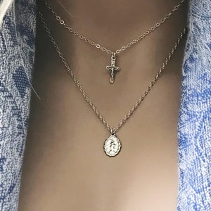 Double Necklace Mother Mary & Cross Necklace Set, Sterling Silver Necklace Set, Crucifix Cross Choker, Artisan Mother Mary Pendant, 667 image 1