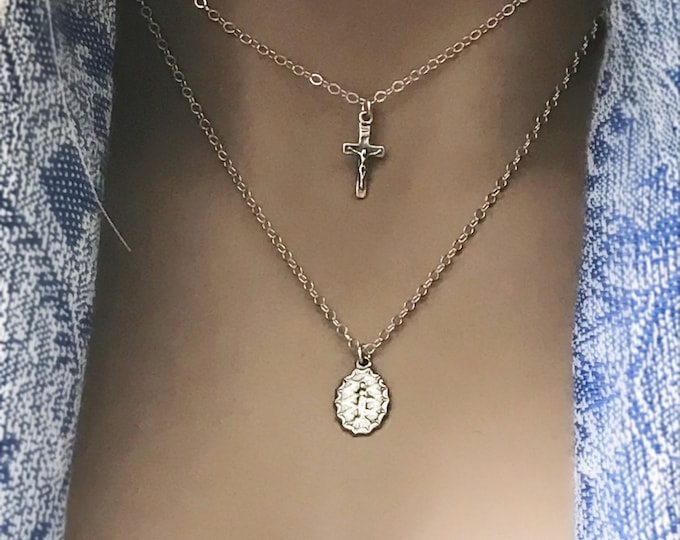 Double Necklace Mother Mary & Cross Necklace Set, Sterling Silver Necklace Set, Crucifix Cross Choker, Artisan Mother Mary Pendant, #667