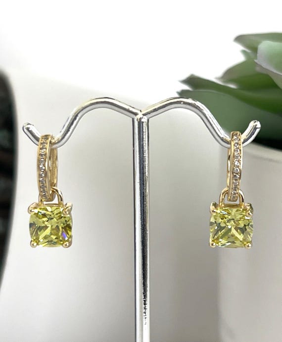 Kate Inspired Princess Cut Diamond Zircon Hoops, 18k GP Sterling Silver Earrings, Yellow, Amethyst, Lt Green, Royal Inspiration, #1583
