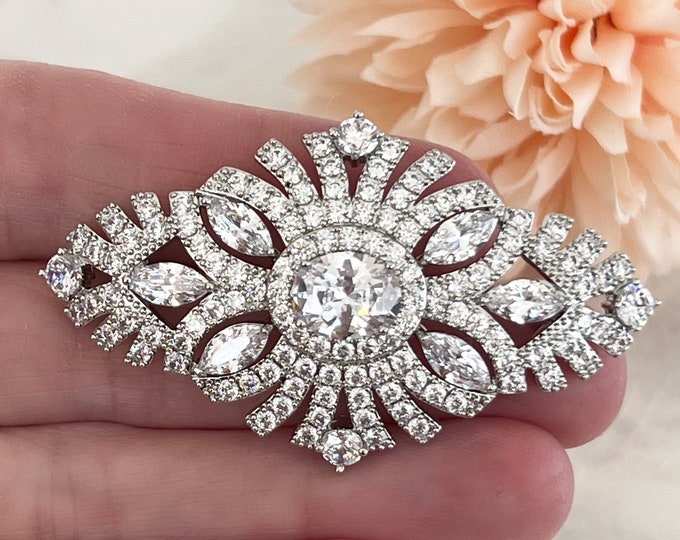 Vintage Style Royal Art Deco Brooch, Sparkle Galore Diamond Zircon Brooch, Paved and Claw Settings, Round, Marquise & Oval Zircons, #1713