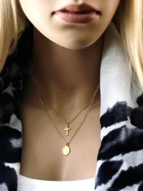 Gold Mother Mary Cross Necklace Set: 14k Gold Filled Cable Chains, Separate Necklaces, Mother Mary & Crucifix Cross, #655