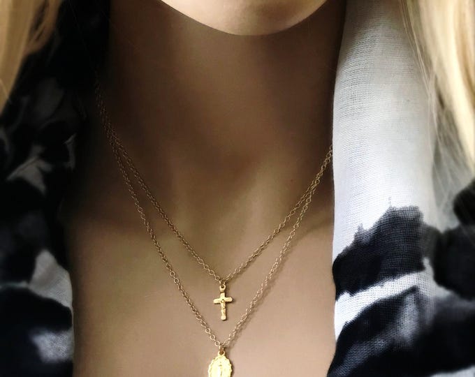 Gold Mother Mary Cross Necklace Set, 14k Gold Filled Necklace Set, Crucifix Cross Choker, Mother Mary Artisan Pendant, #655