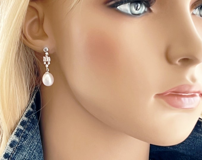 Kate Inspired Water Pearl Drop Earrings, Genuine AA Water Pearls, Channel Set Baguette Zircons with Paved Zircons, Replikate,  #1698