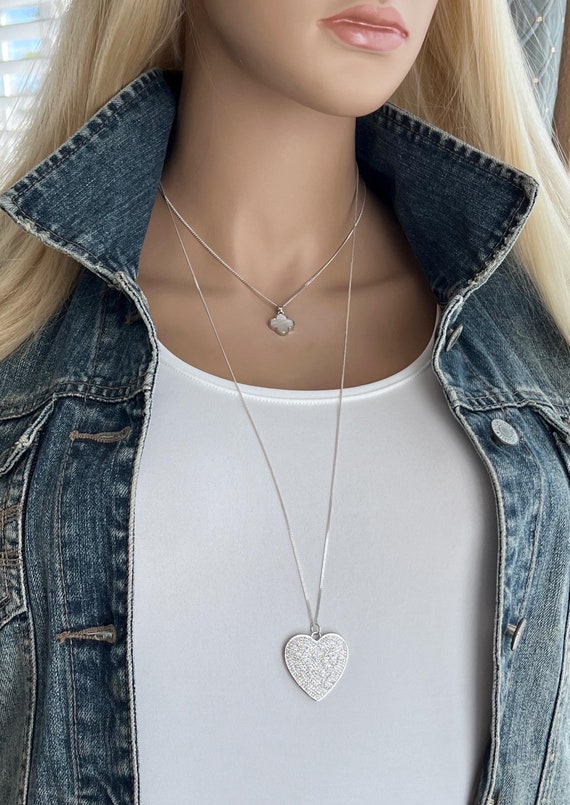 Silver Zircon Heart & MOP Clover Necklace Set, Sterling Silver Curb Chain Necklace, Mother of Pearl Clover, Big Multi CZ Heart, #1780-81