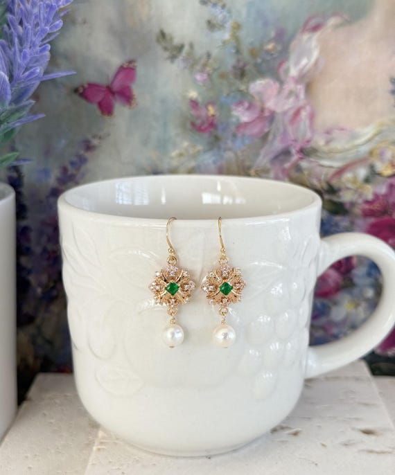 Emerald Green & Freshwater Pearl Drop Earrings, Bridgerton Inspired Diamond Zircon Earrings, Dainty 14k Gold Filled Jewelry #1939