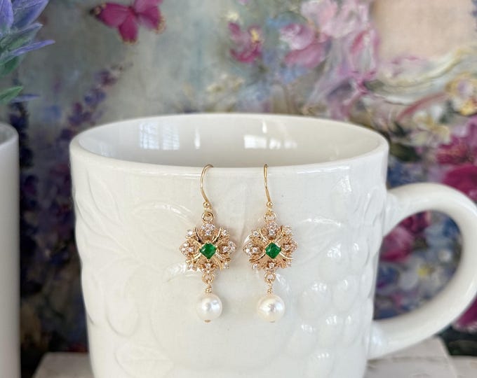 Emerald Green & Freshwater Pearl Drop Earrings, Bridgerton Inspired Diamond Zircon Earrings, Dainty 14k Gold Filled Jewelry #1939