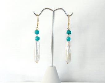 Biwa Pearl Turquoise Earrings: Gold Sterling Silver Dangle Earrings, Long White Pearls, Boho Wedding, #1913
