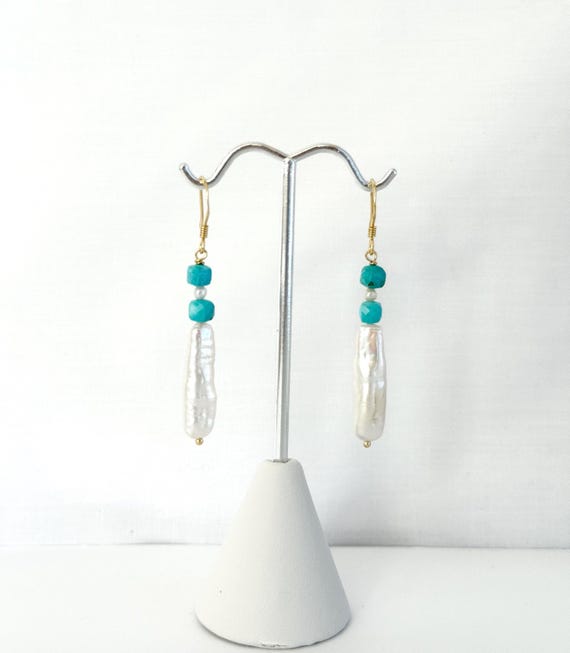 Biwa Pearl Turquoise Earrings: Gold Sterling Silver Dangle Earrings, Long White Pearls, Boho Wedding, #1913