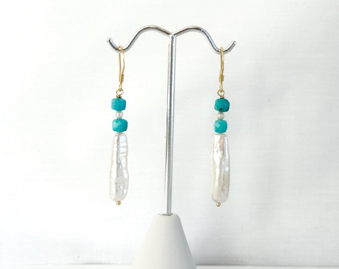 Biwa Stick Pearl & Turquoise Earrings: Gold over Sterling Silver Ear Wires and Pins, Long Pearl Earrings