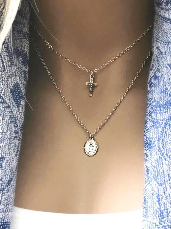 Sterling Silver Mother Mary & Cross Necklace Set - Artisan Religious Jewelry,  #667