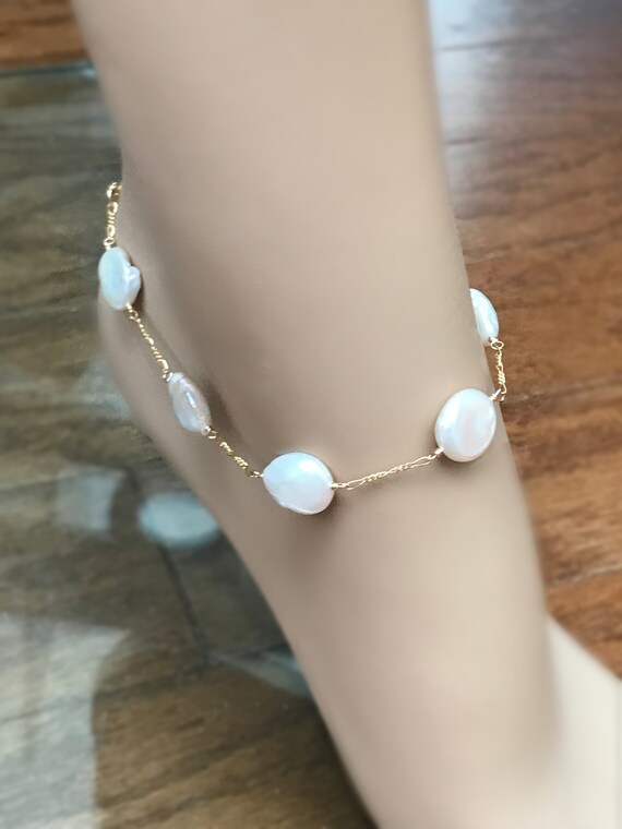 14k Gold Fill Coin Pearl Anklet - Gold Figaro Chain, Freshwater Pearls, Beach Wedding Jewelry, #851