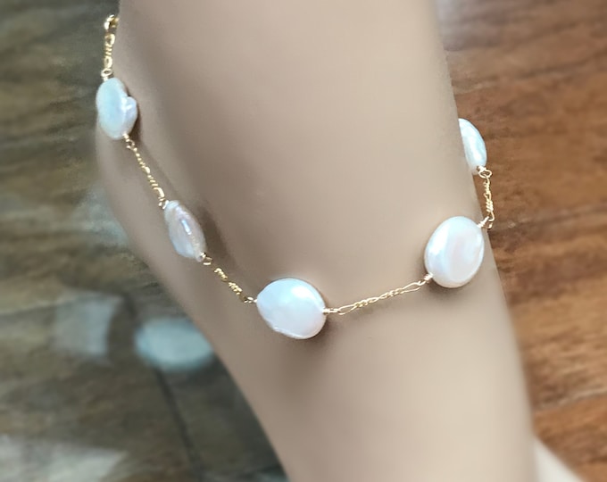 Ultimate Coin Pearl Anklet, 14k Gold Fill Figaro Chain, Freshwater Pearls Around, Beach Wedding Anklet, Bridesmaids, #851