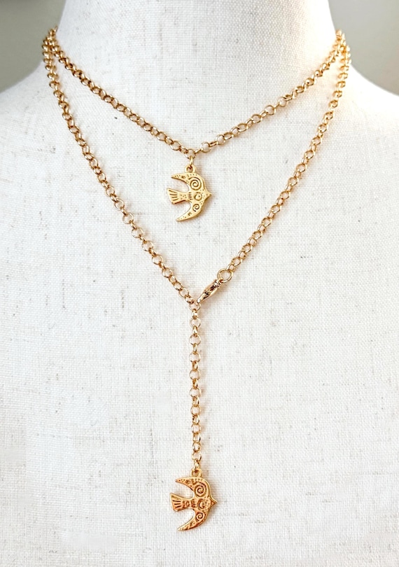 Gold Bird Charm Necklace, Adjustable Rolo Chain, Choker or Lariat, Fold Art Gold Jewelry, Layered Statement Necklace, #2004
