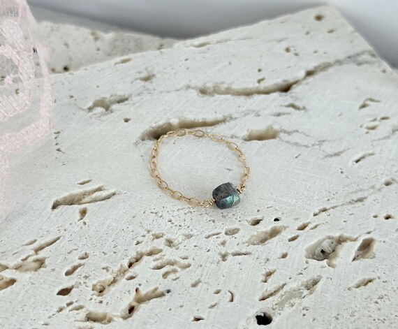 Labradorite Gemstone Chain Ring: 14k Gold Filled or Sterling Silver