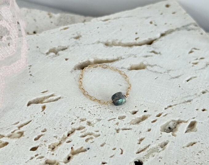 Labradorite Gold Chain Ring, 14k Gold Filled or Sterling Silver Chain Choice, Gemstone Ring, Calm and Soothe #1765