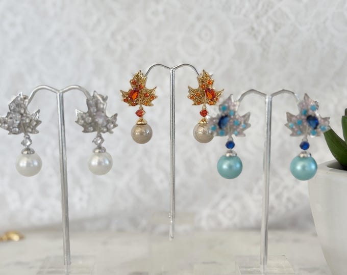 Kate Inspired Maple Leaf Zircon Earrings, Fiery Orange, Turquoise Blue & Silver, Elegant Statement Earrings #1809