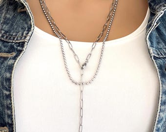 Stainless Steel Chain Set, Paperclip & Ball Chains, Non Tarnish 2 Necklaces, Lariat Clip Chain, Double Wrap #1363