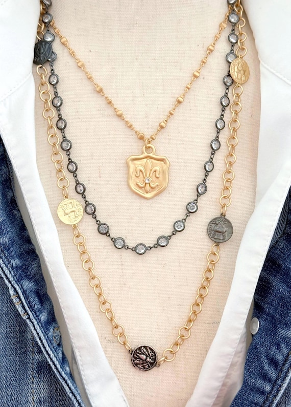 Layered Necklace Set, Mixed Metal Layering Necklaces, Fleur de Lis necklace, CZ Gunmetal Chain, Bee & Deer Charm Necklace, #2072 #2073 #2074