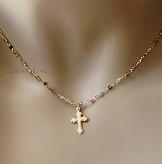 Gold Cross Tourmaline Rosary Necklace, 14k Gold Filled Small Cross on Dainty Tourmaline Gemstone Chain, Inspirational Jewelry, #1088