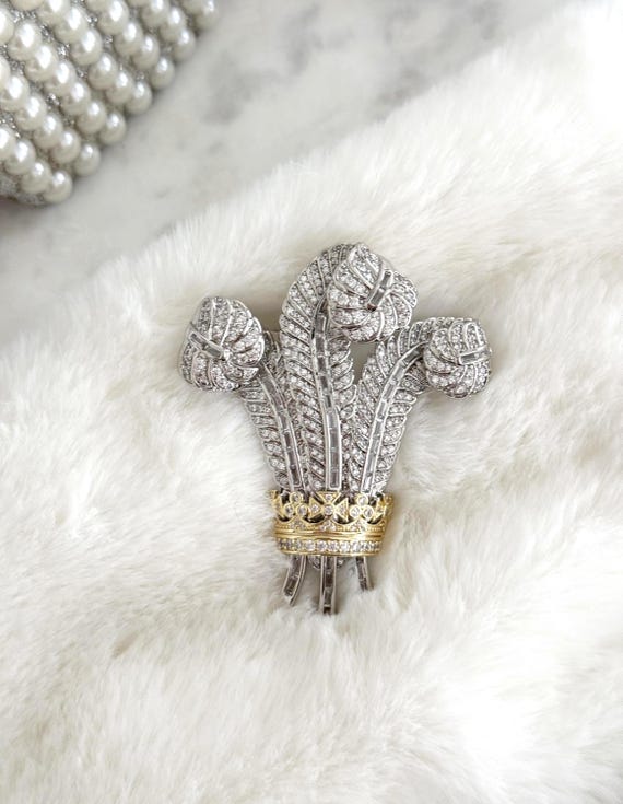 Custom Prince of Wales Ostrich Feather Luxury Brooch, Elizabeth Taylor Favorite, Silver Feathers with a Gold Crown, #1799