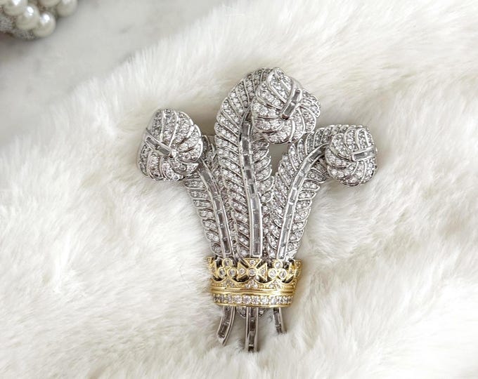 Custom Prince of Wales Ostrich Feather Luxury Brooch, Elizabeth Taylor Favorite, Silver Feathers with a Gold Crown, #1799
