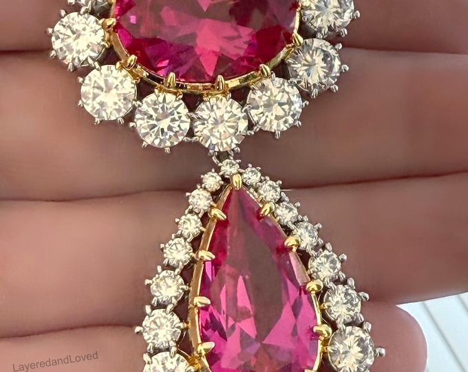 Gorgeous Crown Ruby Brooch, Queen Elizabeth Inspiration, Large Ruby Zircon Center & Pear Tassel, Mother's Favorite Royal Replication #1804