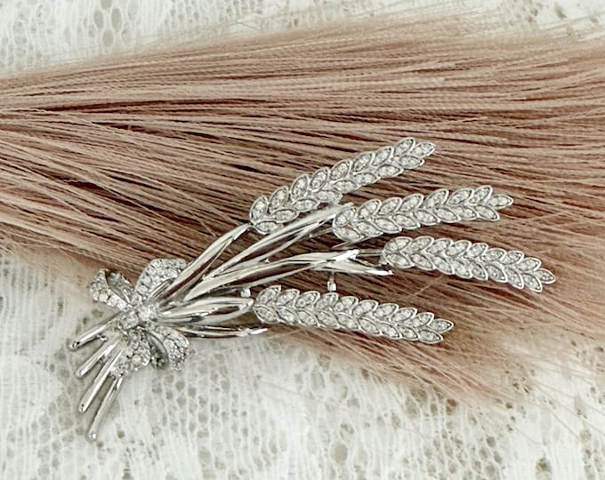 Silver Zircon Wheat Brooch, Sheaf of Wheat with a Bow, Wheat Sprigs, Men's Brooch, Unisex, #1811