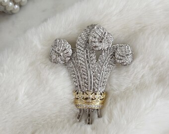IN STOCK - Prince of Wales Ostrich Feather Luxury Brooch, Elizabeth Taylor Favorite, Silver Feathers with a Gold Crown, #1799