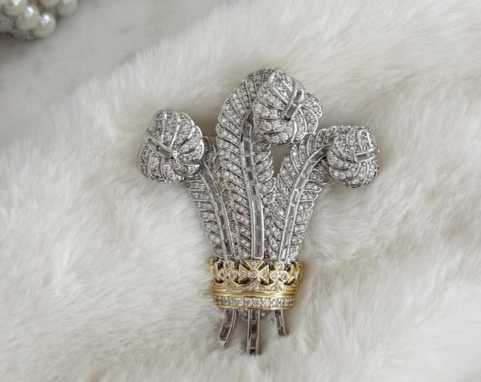 IN STOCK - Prince of Wales Ostrich Feather Luxury Brooch, Elizabeth Taylor Favorite, Silver Feathers with a Gold Crown, #1799