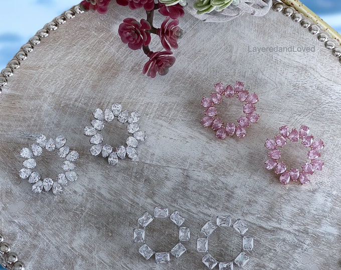 Large Austrian Crystal Stud Earrings, Teardrop Crystals, Round Flat Halo Design, Choose Pink or Clear Crystals, Bejeweled Inspired, #1742