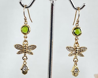 Gold Butterfly Hamsa Earrings, 14k Gold Filled Ear Wires, Faceted Green Peridot Crystal, Zircon Butterfly and Hamsa, Lucky Dangles, #1663