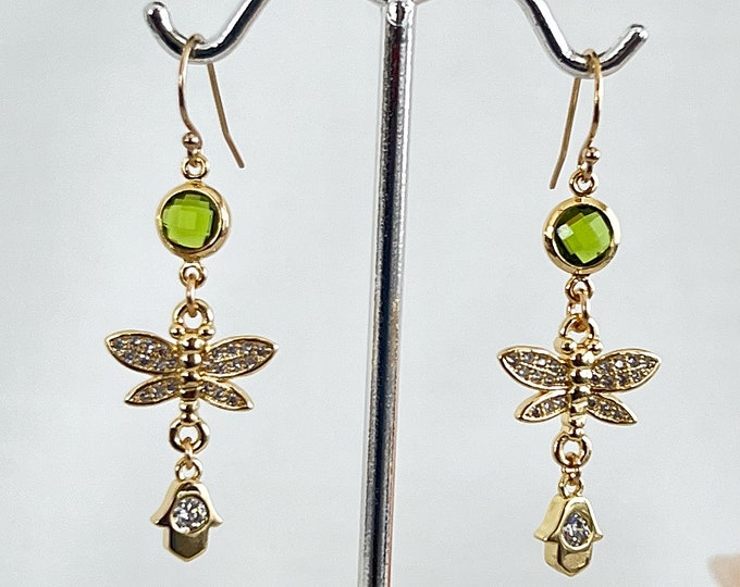 Gold Butterfly Hamsa Earrings, 14k Gold Filled Ear Wires, Faceted Green Peridot Crystal, Zircon Butterfly and Hamsa, Lucky Dangles, #1663