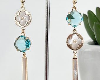14k Gold Filled Asymmetrical Clover Shell Earrings, Blue Crystal Long Shell Stick Dangles, Beach Blue Boho Wedding Earrings, #1723
