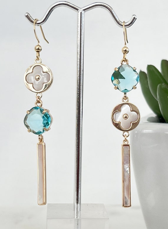 14k Gold Filled Asymmetrical Clover Shell Earrings, Blue Crystal Long Shell Stick Dangles, Beach Blue Boho Wedding Earrings, #1723