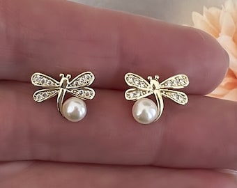 Tiny Dragonfly Pearl Earrings, Gold Zircon Posts, Genuine White Pearls, Dainty Pearl Studs, Paved Zircons, Children's Earrings  #1700