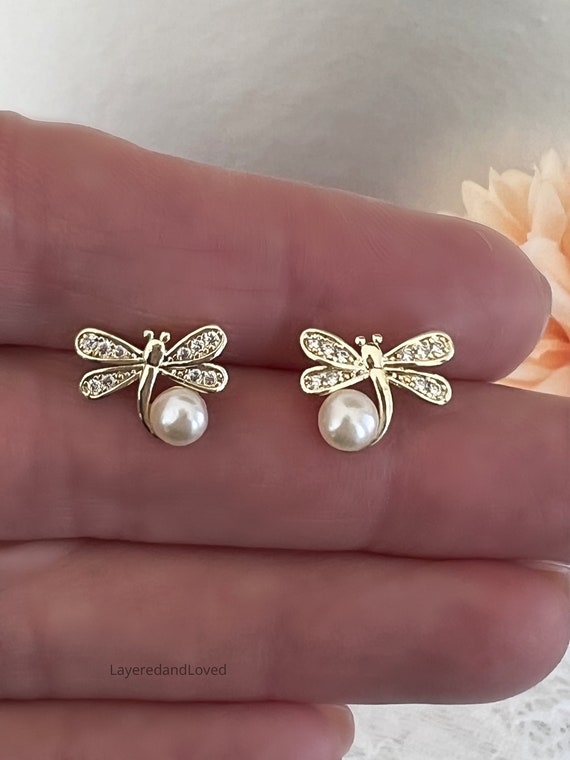 Tiny Dragonfly Pearl Earrings, Gold Zircon Posts, Genuine White Pearls, Dainty Pearl Studs, Paved Zircons, Children's Earrings  #1700