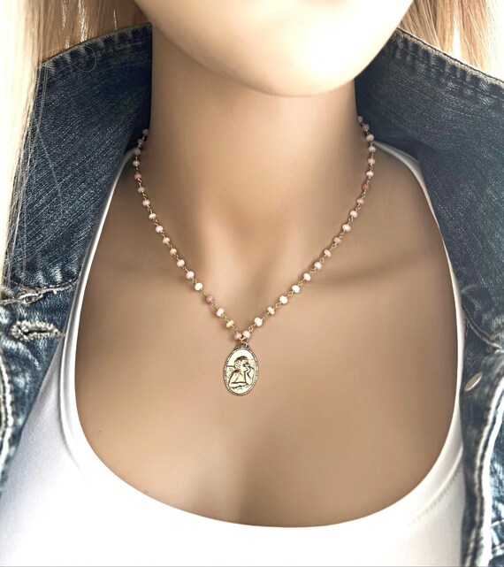 Saint Raphael Angel Necklace: Pink Opal Gemstone Rosary Chain, Gold Bronze Medallion, #1080