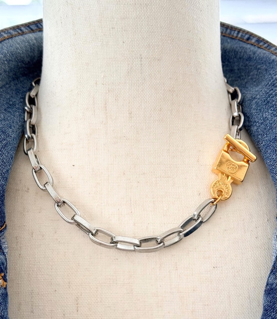 Gold Plated Toggle Lock Stainless Steel Necklace, Chunky Chain 16", Thick Band Links, 24k Gold Plated Padlock, Modern Mixed Metal, #2024