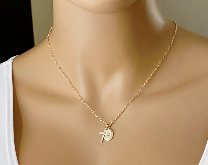 Mother Mary and Cross Necklace, 14k Gold Fill or Silver Oval Coin Necklace Layered with a Pattern Cross, Inspirational, #954 / #982