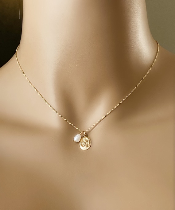 Mother Mary Necklace with Freshwater Pearl: 14k Gold Filled or Sterling Silver, Oval Virgin Mary, Faith Filled Jewelry, Gift for her, #972