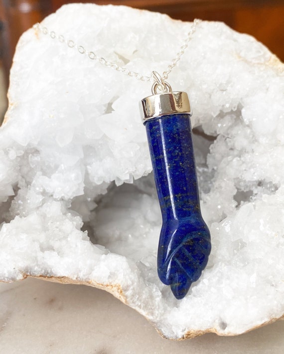 Lapis Lazuli Gemstone Sterling Silver Necklace, Figa Fist Gemstone Charm, Goddess Call for Fertility, Ward Off Evil, Good Luck Charm, #1149