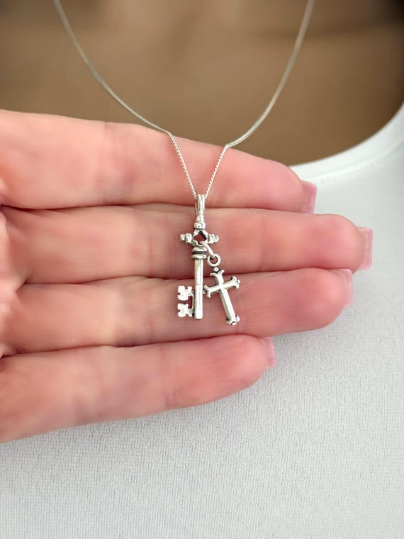 Sterling Silver Cross and Key Necklace: Dainty Curb Chain, Linked Together Charms, Faith & Promise Necklace, #1900