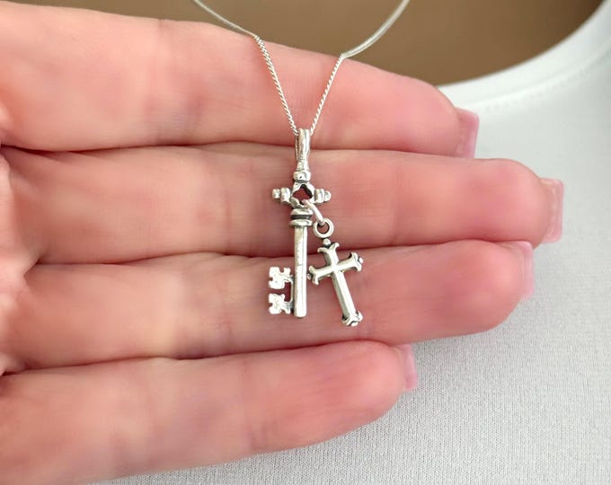 Faith Unlocks the Soul, Sterling Silver Cross and Key Charms Linked Together, Graceful & Dainty, Coptic Cross Key Curb Chain Necklace, #1900