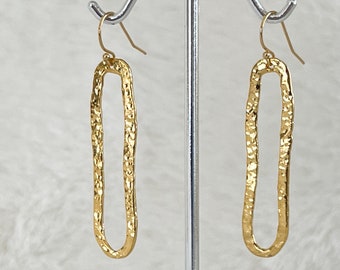 Hammered Gold Long Oval Earrings, 14k Gold Filled, Textured Gold Long Loops, Shiny Statement Earrings, Gift Ready Boho Earrings, #1748