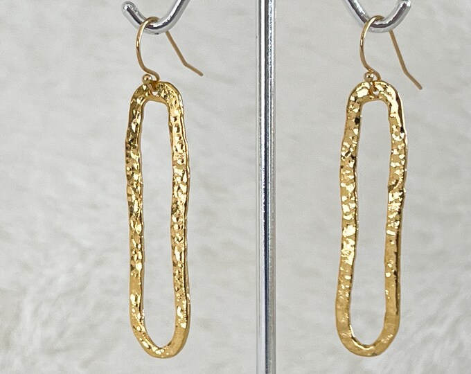 Hammered Gold Long Oval Earrings, 14k Gold Filled, Textured Gold Long Loops, Shiny Statement Earrings, Gift Ready Boho Earrings, #1748