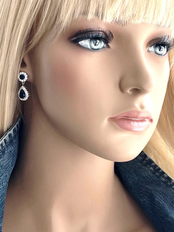 Princess Kate & Diana Inspired Blue Sapphire Zircon Diamond Earrings, Emerald Green or Blue Sapphire Drop Earrings, Royal Inspiration, #1557