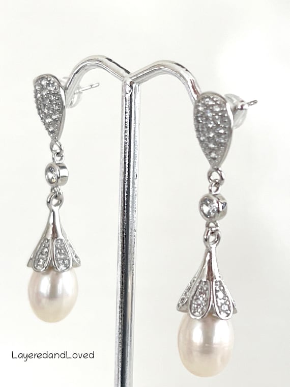 Princess Kate Genuine Water Drop Pearl Zircon Earrings, Freshwater Pearls, Sterling Silver Ear Pins & Backs, Royal Replicas, #1626