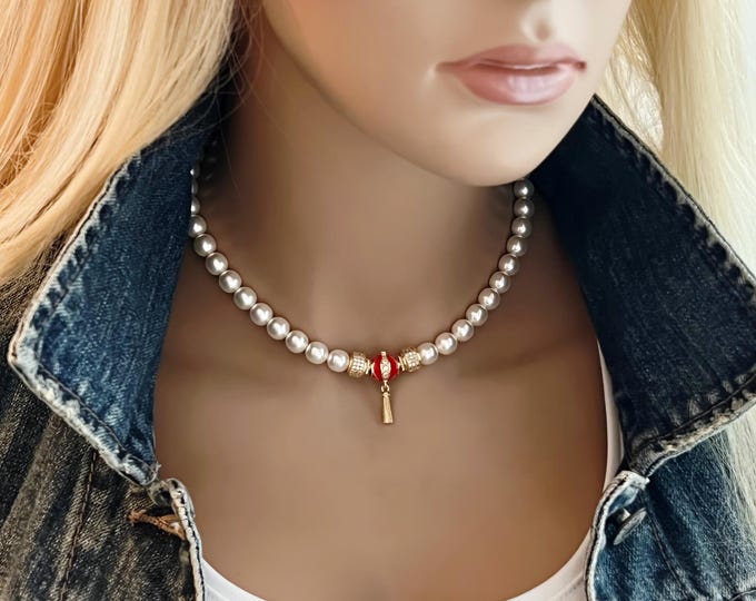 Gold Tassel Pearl Choker, Rock Star Jewelry, White Czech Pearls, Zircons & Pearls with Adjustable Choker Lengths, #1720