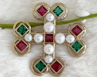 Regency Era Pearl Cross Brooch, Rubies & Emeralds Zircon Crystals, Genuine White Pearls, Religious Jewelry, Queens Cross, Pendant Hook #1750