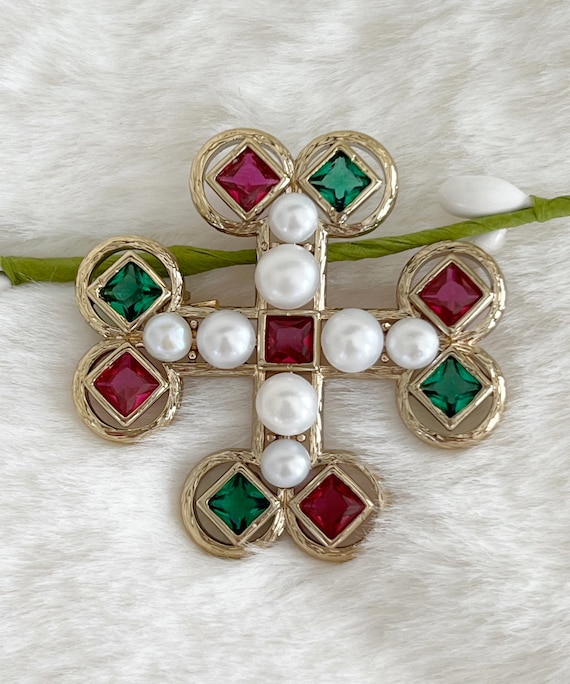 Pearl Cross Brooch: Ruby Emerald Zircon Crystals, Gold Plated